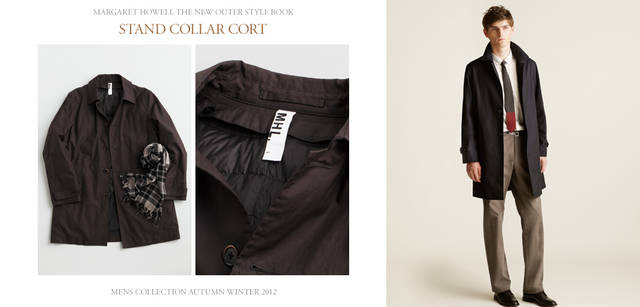 2012-13 Autumn/Winter Collection. Left: MHL.'s trench coat with a removable down liner, crafted with high-quality down. Despite its lightness, it offers excellent warmth, ensuring comfort even in deep winter. The dense cotton material with a polyurethane coating on the reverse side is also a key to its popularity. Coat ¥51,450 (MHL.); Muffler ¥30,450 (Margaret Howell). Right: Trench coat ¥79,800, Shirt ¥27,300, Tie ¥13,650, Trousers ¥30,450, Shoes ¥82,950 (all Margaret Howell); Belt ¥12,600 (MHL.).