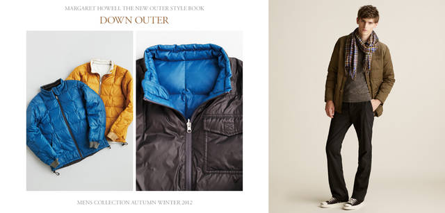 2012-13 Autumn/Winter Collection. Left: The perennial favourite down jacket, a staple that Margaret Howell fans repurchase each year, is back. The 2012 version features ribbed cuffs and is now fully reversible! Blousons ¥37,800 each (MHL.). Right: Blouson ¥37,800, Sneakers ¥12,600 (both MHL.); Knit ¥37,800, Trousers ¥24,150, Scarf ¥30,450 (all Margaret Howell).