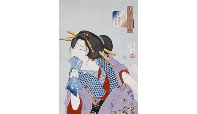 <strong>『はじまりは国芳―江戸スピリットのゆくえ』</strong>　月岡芳年（大蘇）「風俗三十二相　いたさう　寛政年間 女郎の風俗」、明治21年(1888)、大判、多色木版、横浜美術館蔵 [山村行輝寄贈］