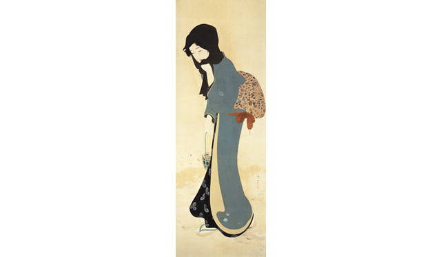 <strong>『はじまりは国芳―江戸スピリットのゆくえ』</strong>　粥を炊くために春の七草を提げて歩く御高祖頭巾の女性。国芳、芳年、年方とつづく浮世絵の画系を継いだ清方は、失われゆく江戸の情緒や明治の風物を愛惜の想いを込めて描いた。　鏑木清方「春のななくさ」大正7年頃(C.1918)、139.0×48.0cm、絹本着色　横浜美術館蔵