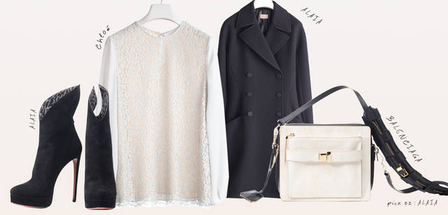 <strong>idea by SOSU｜イデア バイ ソスウ</strong>　左から ブーツ 13万6500円（アライア）、シャツ 14万5950円（クロエ）、コート 37万2750円（アライア）、バッグ 18万6900円（バレンシアガ）