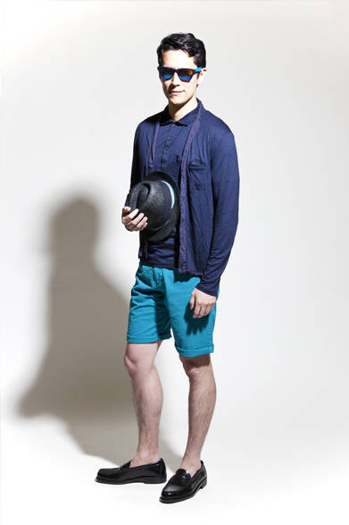<strong>BURNER</strong> 2013 Spring/Summer Collection. Cardigan ¥15,750, Polo shirt ¥12,600, Shorts ¥14,700, Hat ¥10,290, Sunglasses ¥6,090