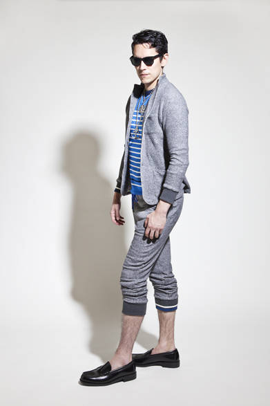 <strong>BURNER</strong> 2013 Spring/Summer Collection. Jacket ¥25,200, Knit ¥16,800, Pants ¥16,800, Anchor necklace ¥4,725, Wheel necklace ¥4,725, Sunglasses ¥15,750