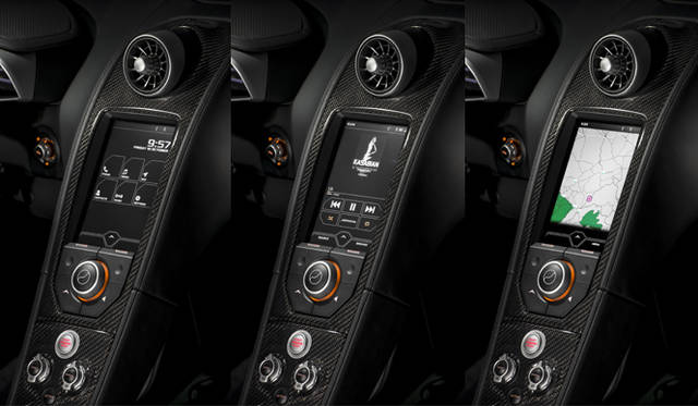 <strong>McLaren MP4-12C Spider</strong><br />The vertical display on the center console, called 'IRIS'. From left: main screen, music mode, navigation mode.
