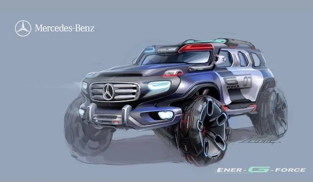 <strong>Mercedes-Benz Ener-G-Force</strong><br />An illustration with a more police-car-like design. Red (and blue) lights are embedded in the roof, hood, bumper, and steps.