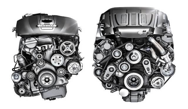 The left shows a 240ps inline 4-cylinder 2.0-liter turbo engine. The right shows a 340ps V6 3.0-liter supercharged engine.