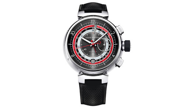 <strong>LOUIS VUITTON</strong> 'Tambour Automatic Chronograph Voile II' (Case diameter 44mm) ¥819,000<br/><br/>The "Tambour Automatic Chronograph Voile II," a new second model following the "Tambour Automatic Chronograph Voile" with its tachymeter function, first introduced in 2011. The sporty yet sophisticated design features a grey dial inspired by the dashboards of 1970s sports cars, retaining a vintage feel while exuding a contemporary atmosphere. Its functional beauty is highlighted by the small red central hand indicating the chronograph's elapsed time and a triple-circular tachymeter scale for accurate measurement of average speed over one kilometer. While standard tachymeters cannot measure average speeds below 60 km/h, Louis Vuitton developed a triple-circular scale to enable measurement of speeds as low as 20 km/h. This high-performance watch, instantly transporting the wearer to the world of car racing, is equipped with the automatic LV168 caliber, manufactured in the workshops of Dubois Dépraz in Switzerland. It offers a 42-hour power reserve and is limited to 888 pieces with serial numbers. The pink gold version is limited to 88 pieces.
