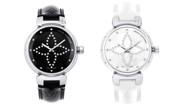 <strong>LOUIS VUITTON</strong> 'Tambour Forever Black & White' Small (Case diameter 28mm) ¥703,500, Medium (Case diameter 34mm) ¥751,800<br/><br/>New models from the popular "Tambour Forever" collection, first launched in 2006, the "Tambour Forever Black & White" collection features a trendy monochrome black or white design, accented by the sparkling Monogram Flower and diamonds on the dial. The popular Monogram Vernis strap adds a touch of glamour and lightness to any outfit.
