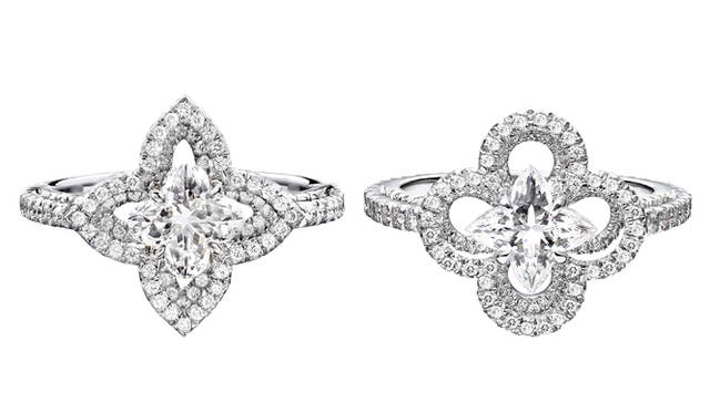 <strong>LOUIS VUITTON</strong> 'Bague Ardente' Ring [PT x Diamond] ¥3,738,000 each<br/><br/>"Ardente," added to Louis Vuitton's jewelry collection in 2008, features Louis Vuitton cut diamonds shaped into the brand's iconic Monogram Flower and Monogram Star. This collection encapsulates the brand's exquisite craftsmanship and sophisticated design. The daring challenge, both in design and technique, lies in cutting diamonds into the shapes of rounded petals and sharp stars. While a standard brilliant cut has 58 facets, the Louis Vuitton Star cut has 65, and the Louis Vuitton Flower cut has 77 facets, maximizing the diamond's sparkle. This collection establishes the brand's identity in the world of high jewelry.
