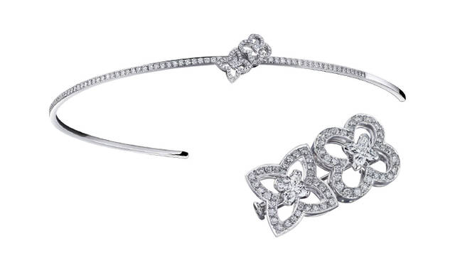 <strong>LOUIS VUITTON</strong> 'Ardente' Collection. From left: Headband [WG x Diamond] ¥5,407,500, Brooch [WG x Diamond] ¥1,884,750<br/><br/>The "Ardente" collection showcases the pinnacle of craftsmanship, with jewelers acting as both artists and sculptors, achieving a perfect finish. Now in its fourth year since its launch, the collection has been enhanced with new pieces such as brooches and headbands, becoming even more captivating. The narrative woven by these rare jewels marks the dawn of a new era.