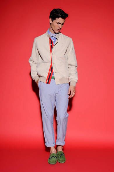 <strong>Vicomte A.</strong> 2013 Spring/Summer Collection. Blouson ¥34,650, Shirt ¥19,950, Tie & Pants (samples), Belt ¥15,750, Shoes ¥24,150