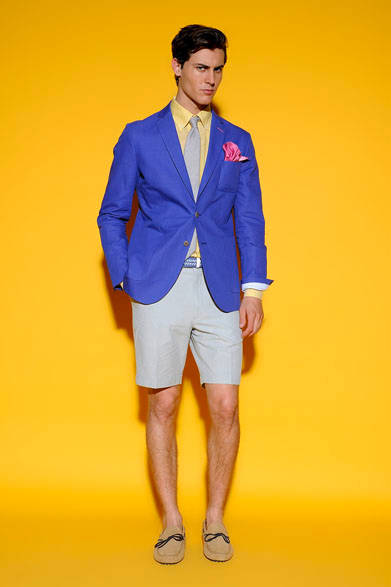 <strong>Vicomte A.</strong> 2013 Spring/Summer Collection. Jacket ¥47,250, Shirt ¥19,950, Tie (sample), Shorts ¥11,550, Belt ¥15,750, Shoes ¥24,150