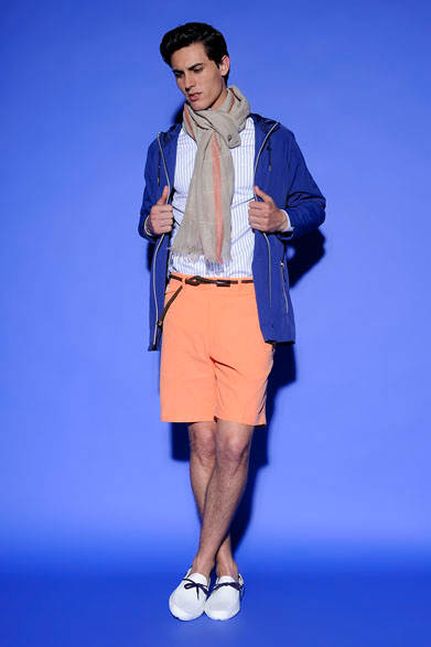<strong>Vicomte A.</strong> 2013 Spring/Summer Collection. Outerwear ¥39,900, Shirt ¥19,950, Shorts ¥11,550, Scarf ¥10,500, Belt ¥11,550, Shoes (sample)