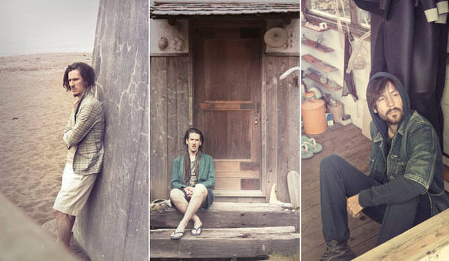 <strong>NAISSANCE</strong> 2013 Spring/Summer Collection. Left: Original French Check Jacket, Nep Denim Gurkha Shorts, Organic Cotton T-shirt. Center: Shawl Collar Linen Jacket, Nep Denim Gurkha Shorts, Organic Cotton T-shirt, Stripe Scarf. Right: Three Quarter Sleeve Denim Jacket, Slub Sweat Parka, Slub Sweat Pants