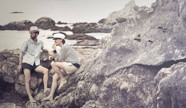 <strong>NAISSANCE</strong> 2013 Spring/Summer Collection. Left: Open Collar Short Sleeve Shirt, Hot Pants, Sisal Hat, Glasses. Right: Border Pile Cut & Sewn, Hot Pants, Hemp Fisherman Cap