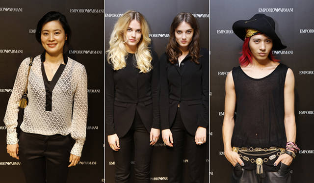 <strong>EMPORIO ARMANI｜エンポリオ アルマーニ　新旗艦店オープニングイベントをレポート！</strong>　写真左から、書家の紫舟、ライブを披露したデュオのセイ ルールー、モデルのオカベシュンスケ