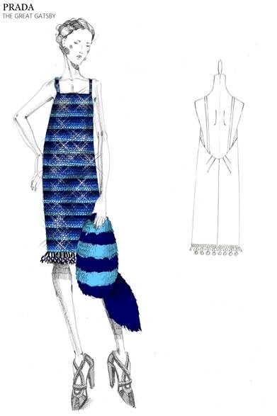 プラスチックリングとトリミング刺繍を裾にあしらったマルチストライプのスパンコールドレス。プラダ2011年春夏コレクションにインスピレーションを得ている。