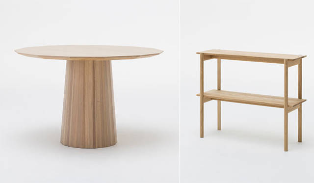 <strong>KARIMOKU NEW STANDARD｜カリモク ニュー スタンダード</strong>　エキシビション「Out of the showroom - Into the home」　右／キャストールシリーズにあたらしくテーブルの展開がスタート。シリーズの既存アイテムのカラー展開にプレーンがくわわる。design：BIG-GAME
