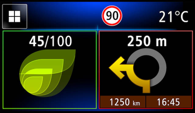 インフォテイメントシステム「R&GO」でのホーム画面。ナビゲーションや各種警告が表示される。左はエコメーター