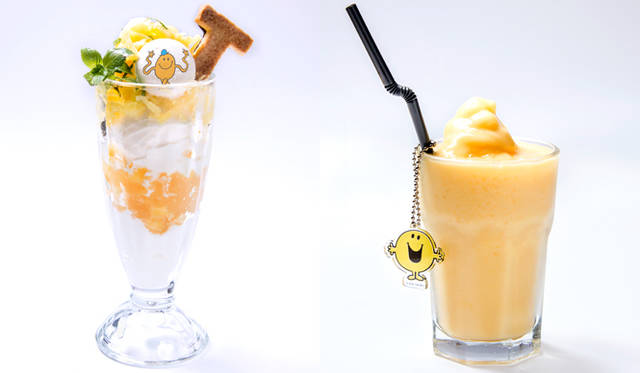 <strong>「SUNDAY JAM × MR. MEN LITTLE MISS CAFE(サンデージャム×ミスターメン リトルミス カフェ)」</strong><br>左／MR.TICKLEのパイナップルシェイブパフェ1026円、右／MR.HAPPYのマンゴーハッピースムージー972円　© 2014 THOIP
