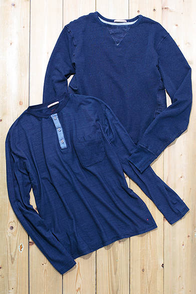 MEN'S | Crafted from soft cotton fabric with indigo dyeing. The sweatshirt features an authentic design with sweat guards. The henley neck shirt has contrasting fabric at the button placket as an accent. From top: Sweatshirt ¥16,500, Henley Neck T-shirt ¥12,000 (Both by APOLIS)<br />*Both prices are tax excluded.