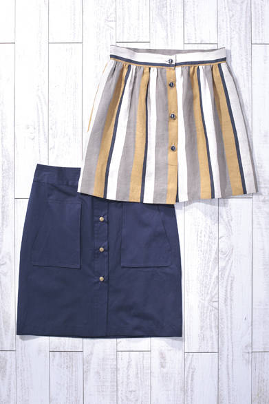 WOMEN'S | The nostalgic stripe pattern and front button design are elegant. The above-the-knee length makes it perfect for a light and airy look. From top: Linen Stripe Skirt ¥27,000, Front Button Skirt ¥33,000 (Both by Les Prairies De Paris)<br />*Tax excluded price