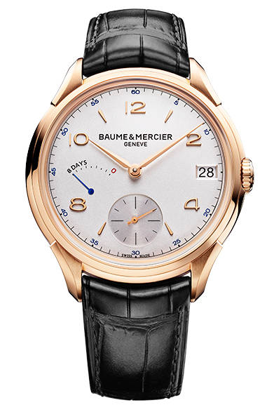 <strong>BAUME & MERCIER｜ボーム＆メルシエ</strong><br /><strong>クリフトン エイトデイ パワーリザーブ</strong><br /><br />手巻き、レッドゴールドケース、ケースサイズ45mm、5気圧防水、価格未定。<br /><br />ボーム＆メルシエ<br />Tel. 03-3288-6335<br />http://www.baume-et-mercier.jp/