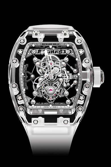 <strong>RICHARD MILLE｜リシャール・ミル<br />RM 56-02 トゥールビヨン サファイア</strong><br /><br />手巻き、サファイアクリスタルケース、ケースサイズ縦50.50mm×横42.7mm、30m防水、世界10本限定、予価1億9100万円。<br /><br />リシャールミルジャパン<br />Tel. 03-5807-8162<br />http://www.richardmille.jp