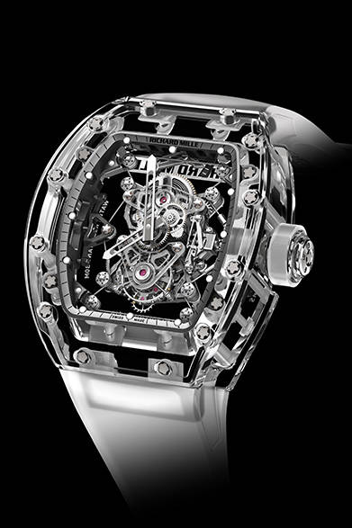 <strong>RICHARD MILLE｜リシャール・ミル<br />RM 56-02 トゥールビヨン サファイア</strong><br /><br />手巻き、サファイアクリスタルケース、ケースサイズ縦50.50mm×横42.7mm、30m防水、世界10本限定、予価1億9100万円。<br /><br />リシャールミルジャパン<br />Tel. 03-5807-8162<br />http://www.richardmille.jp
