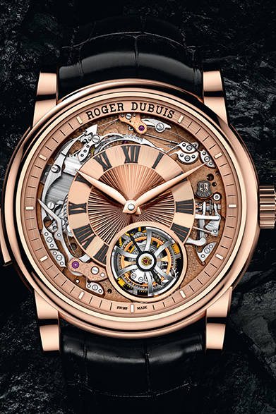 <strong>ROGER DUBUIS｜ロジェ・デュブイ<br />オマージュ ミニッツリピーター<br />フライングトゥールビヨン オートマティック</strong><br /><br />自動巻き、ローズゴールドケース、ケースサイズ直径45mm、世界20本限定、価格未定、入荷未定。<br /><br />ロジェ・デュブイ<br />Tel.03-3288-6640<br />http://www.rogerdubuis.com/jp