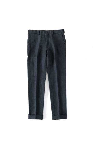 These navy trousers are made from a tough, high-density weave, their crispness heralding the new season. Note the tapered silhouette. Trousers ¥38,880 (Margaret Howell)