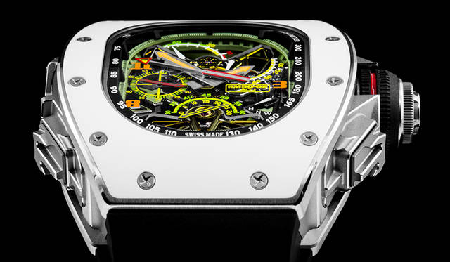 <strong>RM 50-02 ACJ トゥールビヨン スプリットセコンド クロノグラフ</strong><br />ケース｜チタン・アルミニウム合金、ATZ®ホワイトベゼル<br />サイズ｜縦50.1×横42.7mm<br />厚さ｜16.5mm<br />ムーブメント｜手巻き（Cal.RM50-02）<br />機能｜トゥールビヨン、スプリットセコンドクロノグラフ（60分積算計）、パワーリザーブインジケーター、トルクインジケーター、ファンクションインジケーター<br />ストラップ｜ラバー<br />防水｜50m<br />限定数｜30本（ブティック限定）<br />発売時期｜2016年 年内予定<br />予価｜1億3120万円（税別）