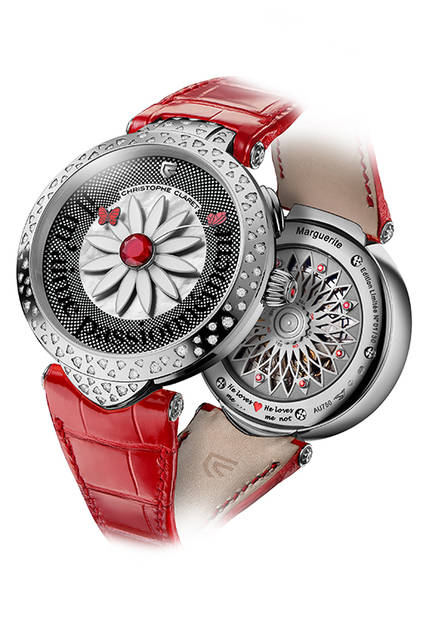 <strong>Marguerite</strong><br />Case: 18K white gold, set with 100 diamonds<br />Diameter: 42.5mm<br />Thickness: 12.07mm<br />Movement: Self-winding (Cal.MT115)<br />Functions: Switching between messages and indexes (via rotating disc)<br />Strap: Alligator<br />Water resistance: 3 bar<br />Limited edition: 30 pieces<br />Availability: TBC<br />Price: ¥13,000,000 (excl. tax)