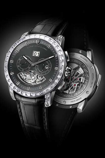 <strong>Allegro</strong><br />Case: 18K white gold + anthracite PVD-treated titanium, set with 36 baguette diamonds on the bezel and 12 on the lugs<br />Diameter: 45mm<br />Thickness: 14.11mm<br />Movement: Self-winding (Cal.ALG89)<br />Functions: Minute repeater, GMT display (subdial at 3 o'clock), day/night indicator, date display (big date via two discs)<br />Strap: Alligator<br />Water resistance: 3 bar<br />Limited edition: 1 piece<br />Availability: TBC<br />Price: TBC