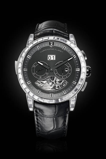<strong>Allegro</strong><br />Case: 18K white gold + anthracite PVD-treated titanium, set with 36 baguette diamonds on the bezel and 12 on the lugs<br />Diameter: 45mm<br />Thickness: 14.11mm<br />Movement: Self-winding (Cal.ALG89)<br />Functions: Minute repeater, GMT display (subdial at 3 o'clock), day/night indicator, date display (big date via two discs)<br />Strap: Alligator<br />Water resistance: 3 bar<br />Limited edition: 1 piece<br />Availability: TBC<br />Price: TBC