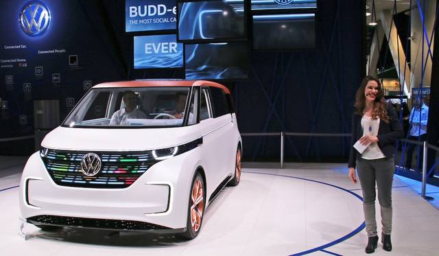 Volkswagen Budd-e concept. In homage to its debut city, Las Vegas, the front face can display slot machine symbols. It received a "Best of CES Award."