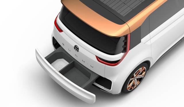 VW Budd-e concept. The rear bumper has a built-in "drop box" for receiving deliveries while parked (Photographs by Volkswagen)