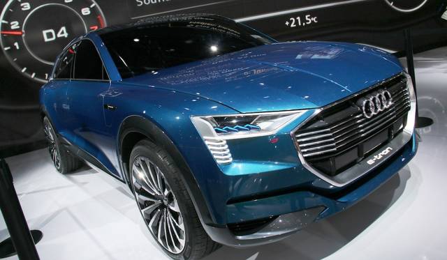 Audi's all-electric "e-tron Quattro concept study." The headlights feature matrix laser headlamps.