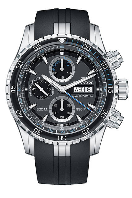 <strong>Grand Ocean Chronograph Automatic<br "/>Extreme Sailing Series™ Edition</strong><br "/>Case│Stainless steel, ceramic bezel<br "/>Diameter│45mm<br "/>Thickness│15.2mm<br "/>Movement│Automatic (Cal.Edox011)<br "/>Functions│Date, Day of the week, Chronograph (30-minute counter, 12-hour counter)<br "/>Strap│Rubber<br "/>Water resistance│30 ATM<br "/>Release│Scheduled for Autumn 2016<br "/>Estimated Price│¥390,000 (excl. tax)<br "/>