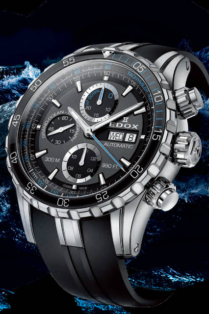 <strong>Grand Ocean Chronograph Automatic<br "/>Extreme Sailing Series™ Edition</strong><br "/>Case│Stainless steel, ceramic bezel<br "/>Diameter│45mm<br "/>Thickness│15.2mm<br "/>Movement│Automatic (Cal.Edox011)<br "/>Functions│Date, Day of the week, Chronograph (30-minute counter, 12-hour counter)<br "/>Strap│Rubber<br "/>Water resistance│30 ATM<br "/>Release│Scheduled for Autumn 2016<br "/>Estimated Price│¥390,000 (excl. tax)<br "/>
