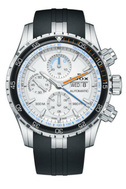 <strong>Grand Ocean Chronograph Automatic<br "/>Extreme Sailing Series™ Edition</strong><br "/>Case│Stainless steel, ceramic bezel<br "/>Diameter│45mm<br "/>Thickness│15.2mm<br "/>Movement│Automatic (Cal.Edox011)<br "/>Functions│Date, Day of the week, Chronograph (30-minute counter, 12-hour counter)<br "/>Strap│Rubber<br "/>Water resistance│30 ATM<br "/>Release│Scheduled for Autumn 2016<br "/>Estimated Price│¥390,000 (excl. tax)<br "/>