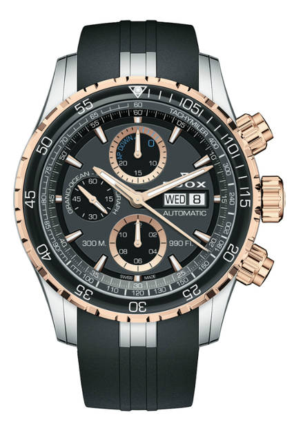 <strong>Grand Ocean Chronograph Automatic<br "/>Extreme Sailing Series™ Edition</strong><br "/>Case│Stainless steel, ceramic bezel<br "/>Diameter│45mm<br "/>Thickness│15.2mm<br "/>Movement│Automatic (Cal.Edox011)<br "/>Functions│Date, Day of the week, Chronograph (30-minute counter, 12-hour counter)<br "/>Strap│Rubber<br "/>Water resistance│30 ATM<br "/>Release│Scheduled for Autumn 2016<br "/>Estimated Price│¥3,900,000 (excl. tax)<br "/>