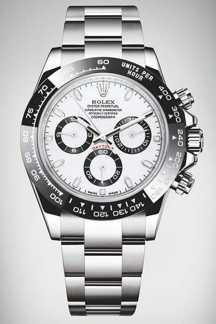 <storng>コスモグラフ デイトナ<br />Ref.116500LN</strong><br />ケース│904Lステンレススチール、セラクロムベゼル<br />直径│40mm<br />ムーブメント│自動巻き（Cal.4130）<br />機能│クロノグラフ（30分積算計、12時間積算計）<br />ブレスレット│904Lステンレススチール<br />防水性能│100m<br />発売時期│2016年夏発売予定<br />予価│118万円（税抜）<br />