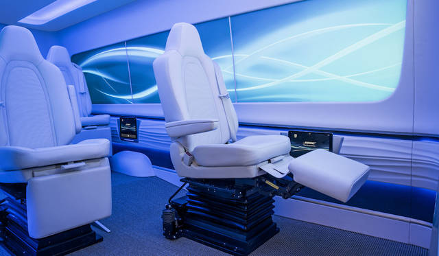 A demo car featuring BOSE's "Bose Ride" suspension system. Sensors and electromagnetic actuators reduce vertical and lateral vibrations within the vehicle.
