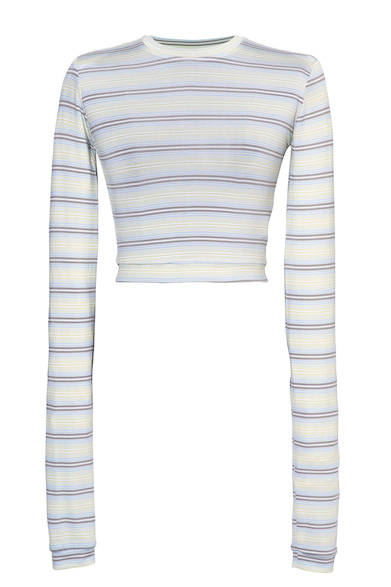 A cropped stripe cut-and-sew top. The long sleeves are a key feature, perfect for a casual, relaxed look. It can be worn on its own or layered for various styling options. Cut-and-sew ¥16,800 (DIESEL BLACK GOLD)
