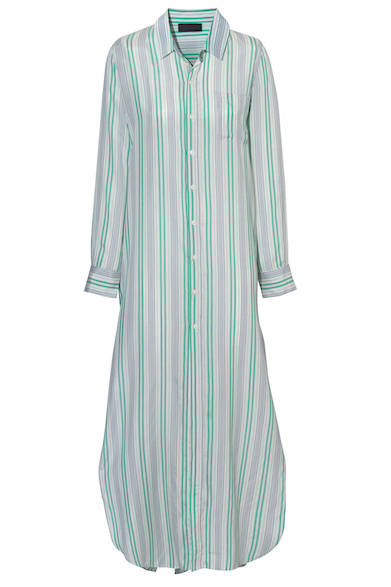 A striped maxi shirt dress, ideal for fresh spring and summer outfits. It works beautifully on its own or layered for a trendy look. Shirt dress ¥76,000 (DIESEL BLACK GOLD)