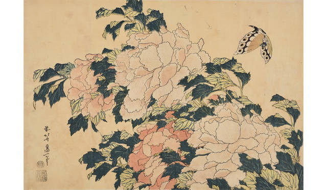 Katsushika Hokusai, "Peonies and Butterflies," Ōban, early Tenpō era (c. 1830–34), Shimane Art Museum (Nagata Collection) (On display Jan 30 (Wed) – Feb 18 (Mon))