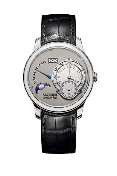 <strong>Nouvelle Octa Lune</strong><br/>Case: Platinum<br/>Diameter: 40mm or 42mm<br/>Thickness: 10.07mm<br/>Functions: Moon phase, Big Date, power reserve indicator, small seconds<br/>Power reserve: 160 hours ± 12 hours (120-hour indication)<br/>Strap: Alligator<br/>Release: Scheduled for Spring 2015<br/>Excluding tax price: Undecided<br/><br/>F.P. Journe Tokyo Boutique<br/>Tel. 03-5468-0931<br/>http://www.fpjourne.co.jp<br/>
