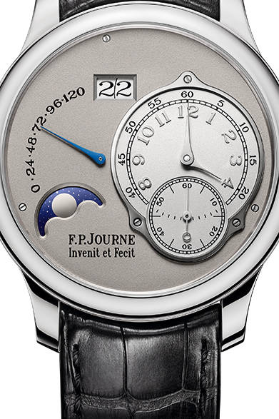 <strong>Nouvelle Octa Lune</strong><br/>Case: Platinum<br/>Diameter: 40mm or 42mm<br/>Thickness: 10.07mm<br/>Functions: Moon phase, Big Date, power reserve indicator, small seconds<br/>Power reserve: 160 hours ± 12 hours (120-hour indication)<br/>Strap: Alligator<br/>Release: Scheduled for Spring 2015<br/>Excluding tax price: Undecided<br/><br/>F.P. Journe Tokyo Boutique<br/>Tel. 03-5468-0931<br/>http://www.fpjourne.co.jp<br/>