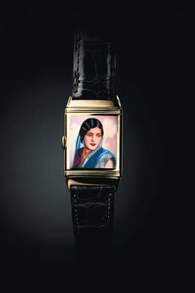 Since its creation in 1931, special order Reversos have featured engravings or enamel paintings on the case back. This one depicts a beautiful Indian woman, likely a Maharani.